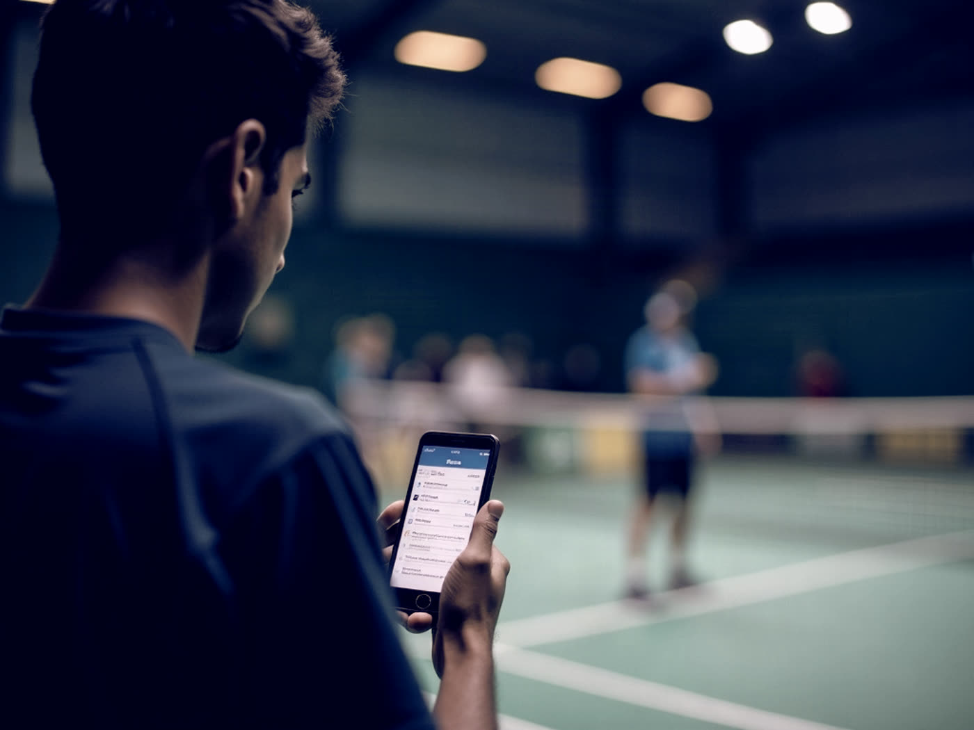An official scoring a badminton match on a phone at courtside